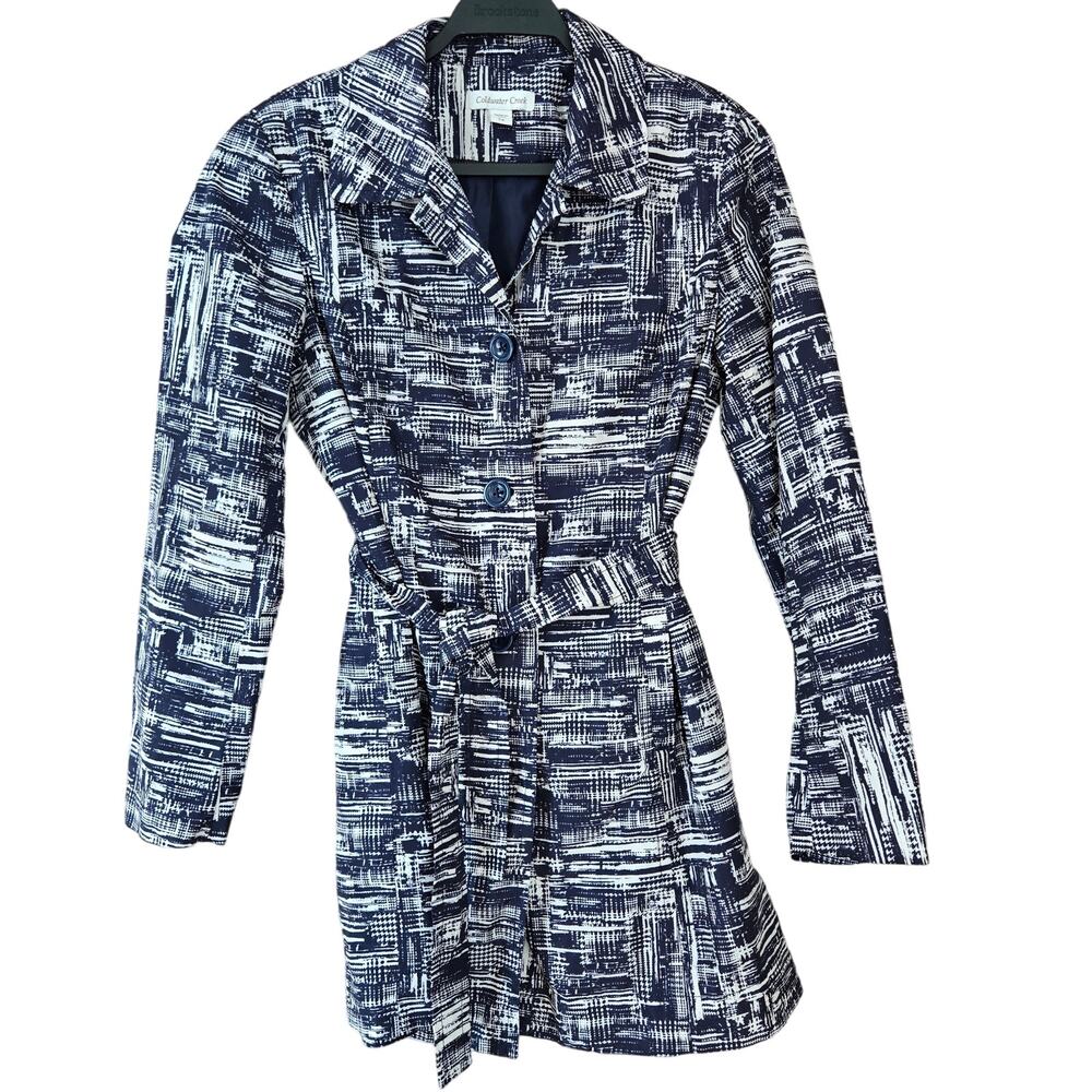 Coldwater Creek Trench Coat Belted Patterned S 8 Blue Preppy Mature professional
